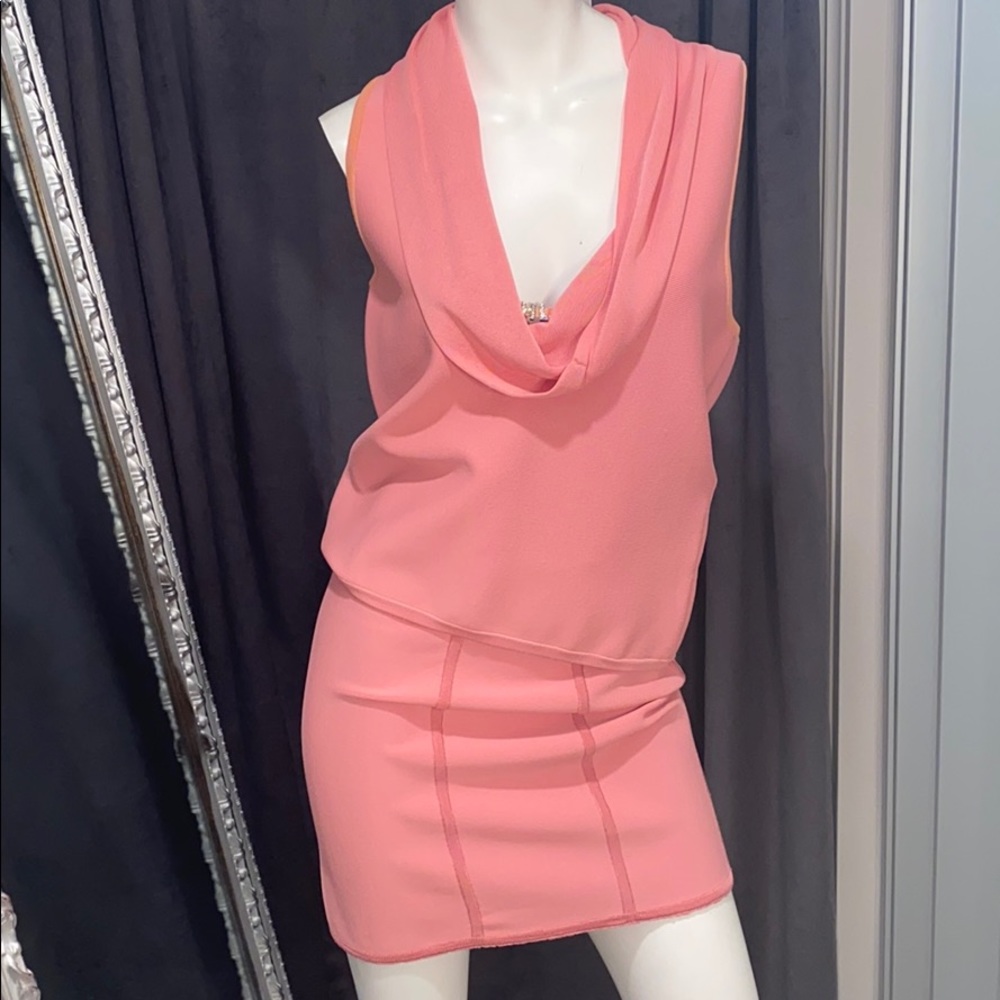 🇨🇵 HERVE LEGER STRETCH PINK SKIRT SET SZ L/M R3